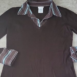 East 5th Brown V-Neck Blouse with Striped Collar